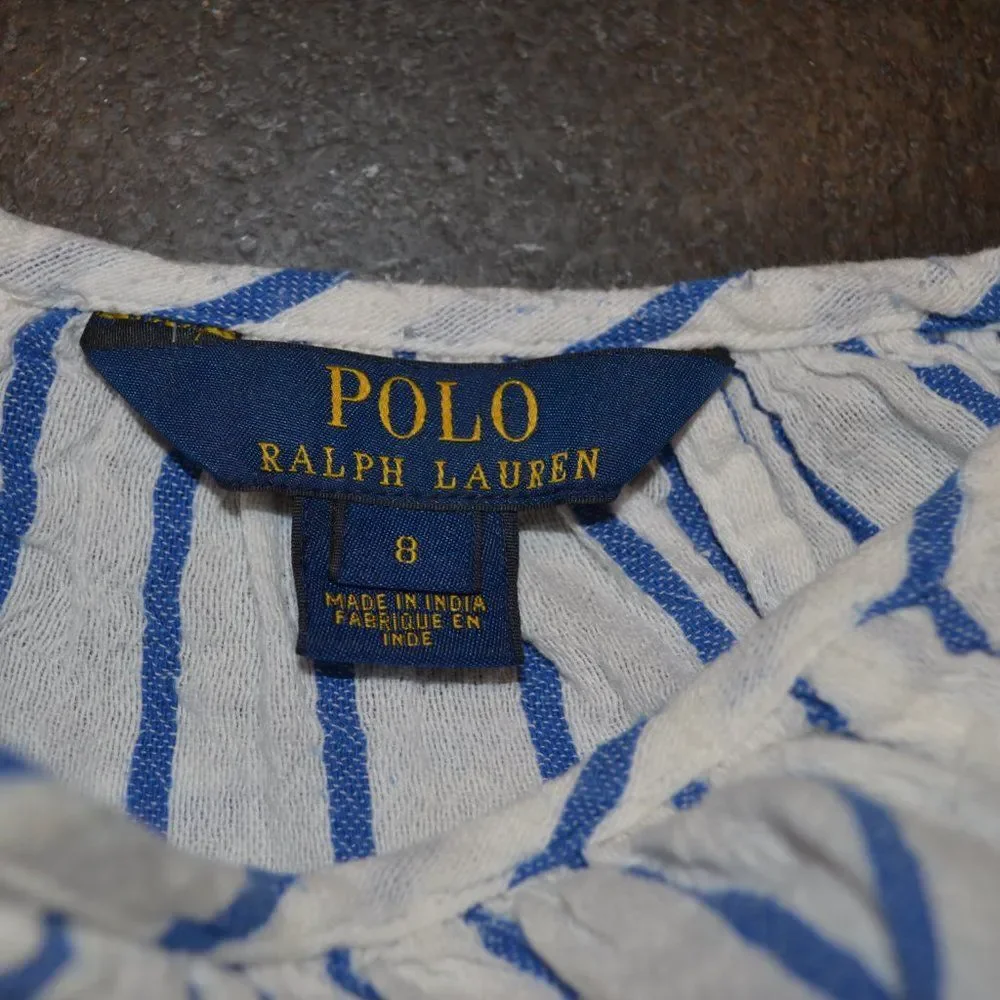 Polo Ralph Lauren Girls (8) Striped Summer Blue White Peplum Blouse Top